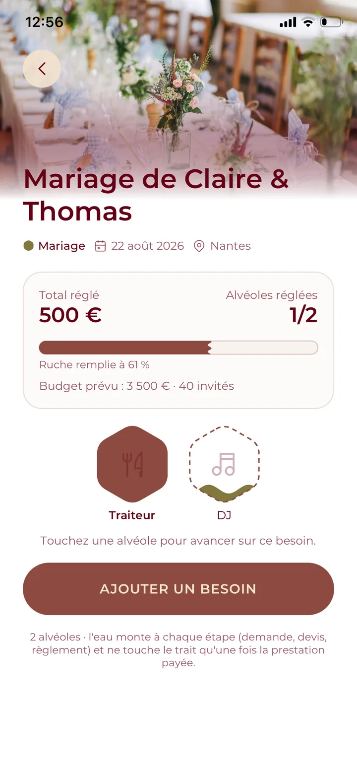 Écran « Mon événement » : ruche remplie à 61 %, deux alvéoles.