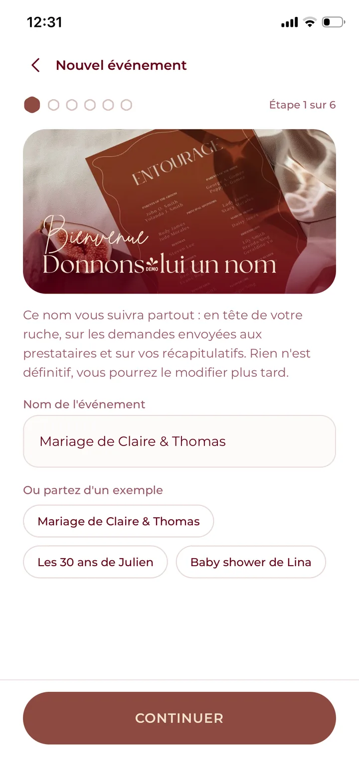 Écran « Nouvel événement », étape 1 sur 6 : donner un nom à l'événement.