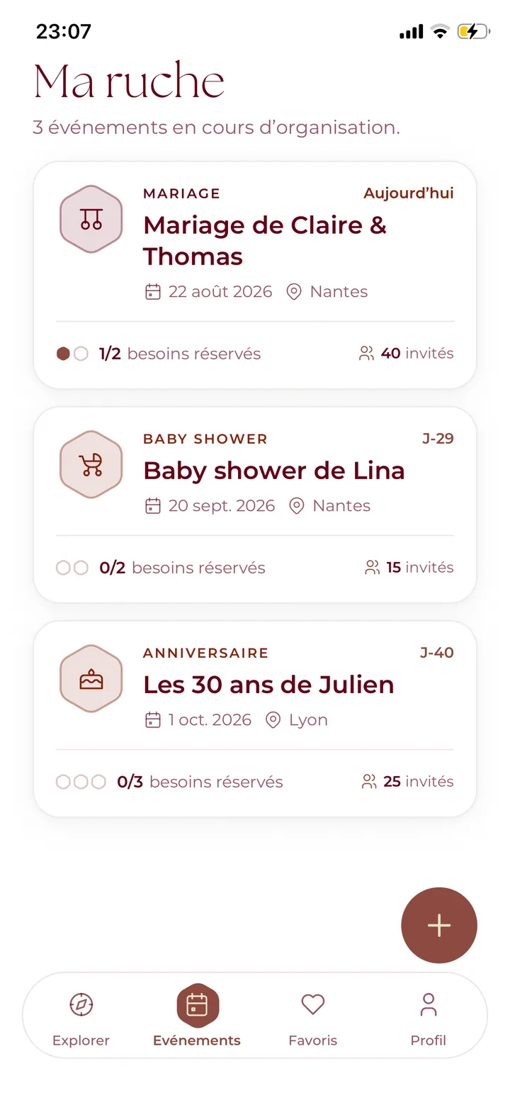 Écran « Ma ruche » : trois événements en cours d'organisation, avec leurs alvéoles réglées.